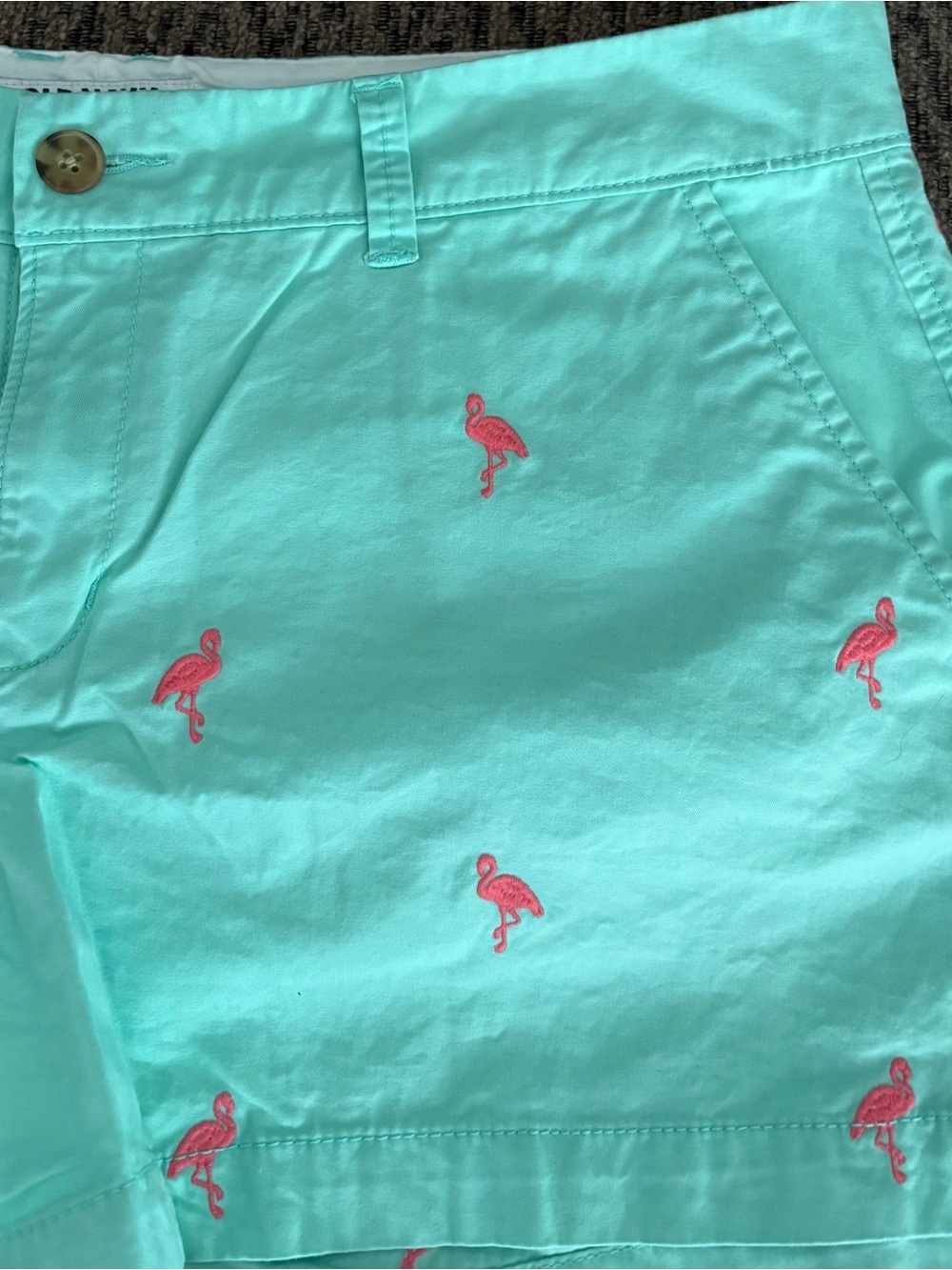 ☀️ 🦩 Old Navy Flamingo Embroidered Chino Shorts Mint Aqua Pink Size 12 🦩 - Picture 2 of 4